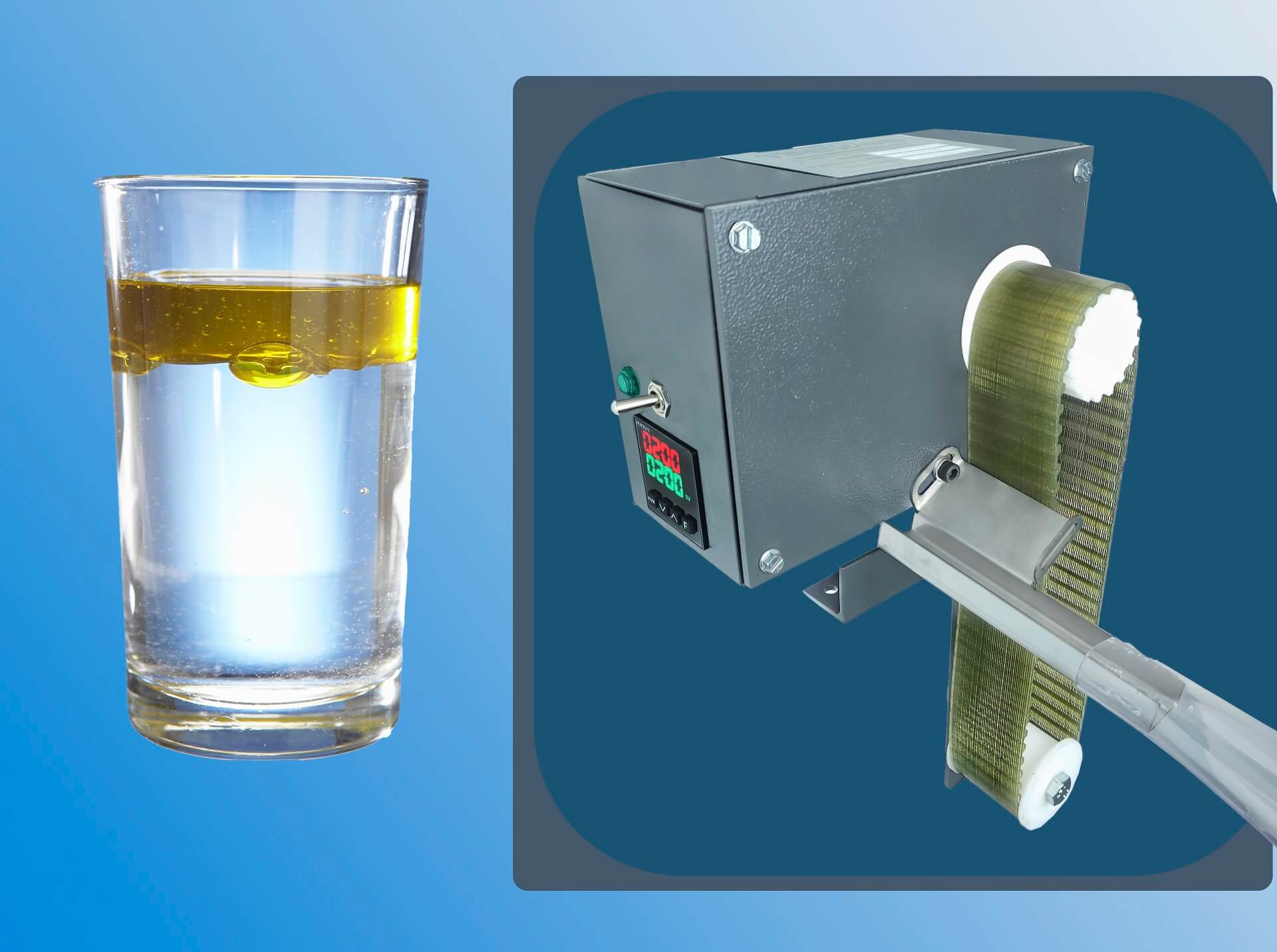 Um copo de água com óleo ao lado de um Separador de óleo